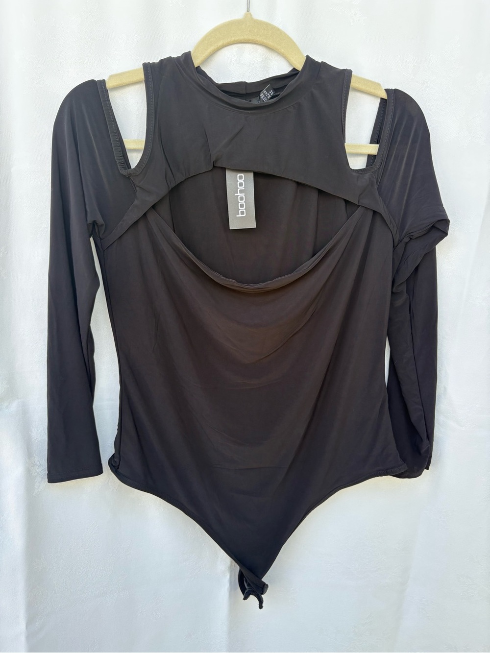 Boohoo Black Cold-Shoulder Draped Neck Bodysuit